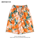 居家休闲裤 BOYUE帛跃碎花沙滩短裤 冰丝高街男ins休闲睡裤 美式 夏季