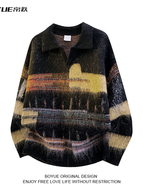 BOYUE帛跃美式油画风撞色polo领情侣复古松弛感休闲男女针织毛衣
