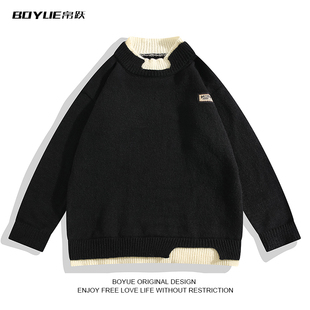 BOYUE帛跃假两件拼色长袖毛衣美式潮流时尚冬季保暖打底针织衫男