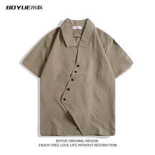 BOYUE帛跃不规则短袖斜襟衬衫男女夏季镂空舒适透气休闲百搭衬衣