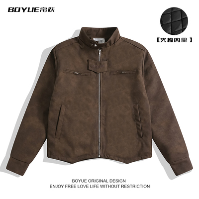 BOYUE帛跃棕色夹棉皮衣机车外套