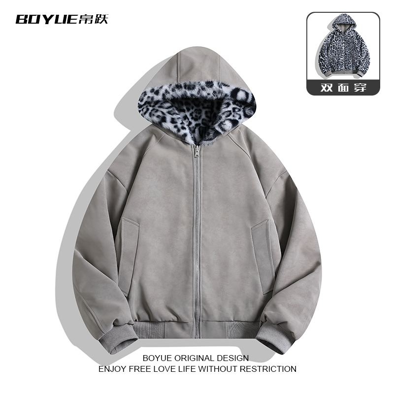 BOYUE帛跃豹纹双面穿连帽棉衣男