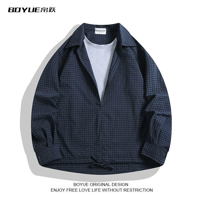 BOYUE帛跃韩版格子时尚套头衬衫假两件中性风休闲高级感男女长袖