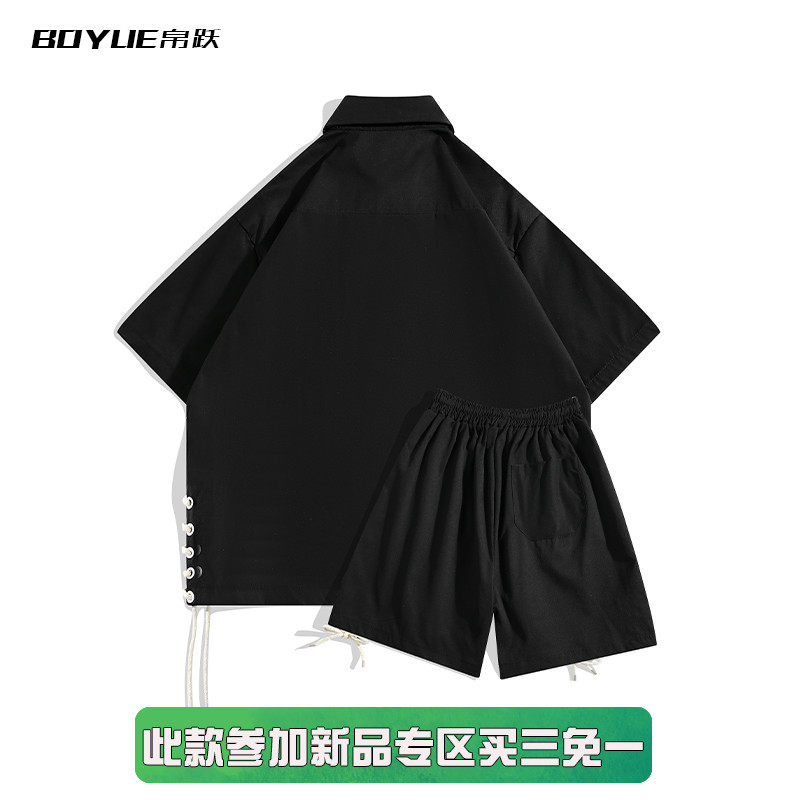BOYUE 실크 점프 여름 디자인 스트랩 셔츠 반바지 정장 남성 트렌디 셔츠 투피스 캐주얼 청소년