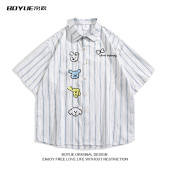 男女潮牌ins情侣休闲衬衣 衬衫 BOYUE帛跃美式 复古可爱小狗条纹短袖