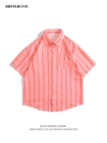 BOYUE Шелковистая рубашка в американском стиле в розовую полоску из ледяного шелка Ниша Sunshine Красивый пляжный отдых с коротким рукавом Мужская рубашка
