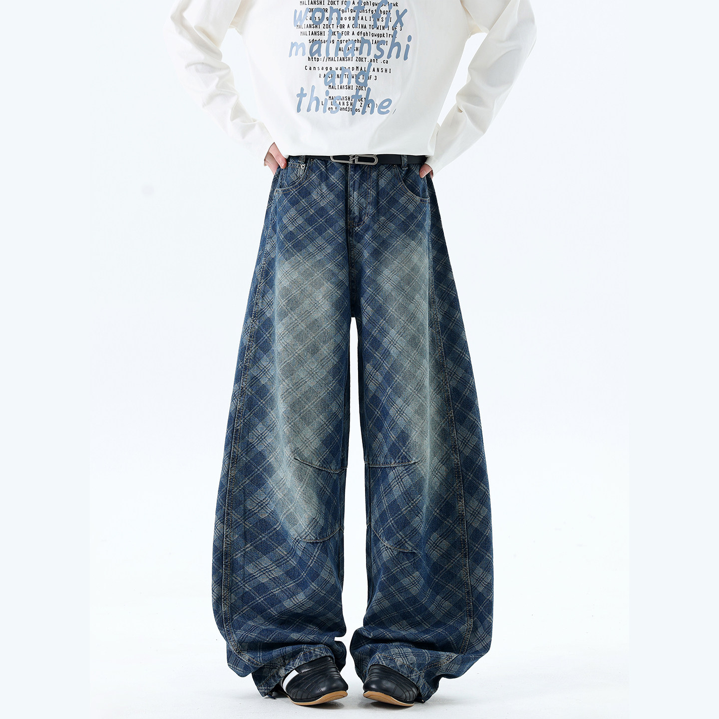 BOYUE帛跃美式复古格纹牛仔裤男女宽松阔腿水洗做旧vibe百搭长裤,男装,牛仔裤,淘宝优惠券,粉丝福利购,淘宝优惠卷