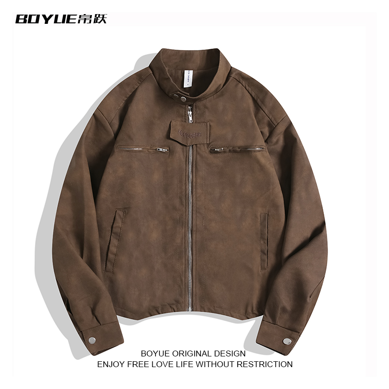BOYUE帛跃美式复古短款机车服皮衣男垫肩高级感痞帅百搭情侣外套