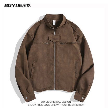 BOYUE帛跃美式复古短款机车服皮衣男垫肩高级感痞帅百搭情侣外套
