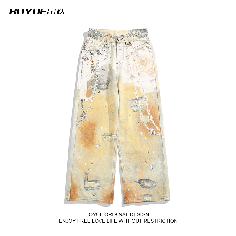 BOYUE帛跃重工链条印花牛仔裤男