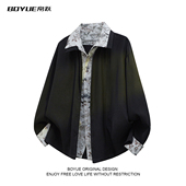 BOYUE帛跃高级感假两件拼接复古花卉衬衫 痞帅气质小众男衬衣外套