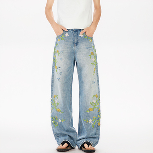 BOYUE帛跃美式重工花卉刺绣牛仔裤潮牌设计感显瘦百搭阔腿裤男女