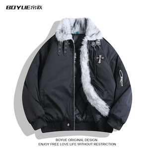 BOYUE帛跃美式 夹棉外套 毛领十字架保暖棉衣痞帅男女高街复古个性