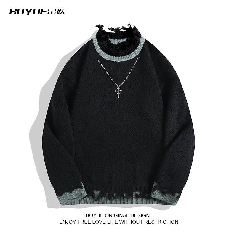 BOYUE帛跃假两件毛边做旧针织衫