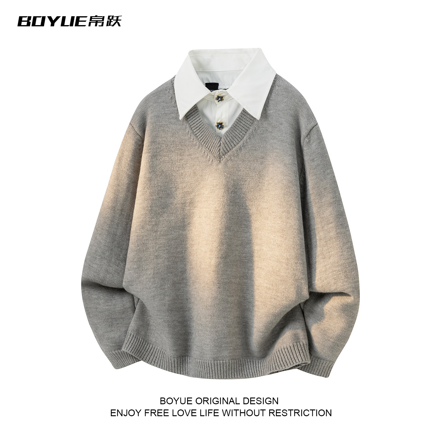 BOYUE帛跃高智感假两件polo领针织衫休闲优雅帅气拼接男女毛衣潮