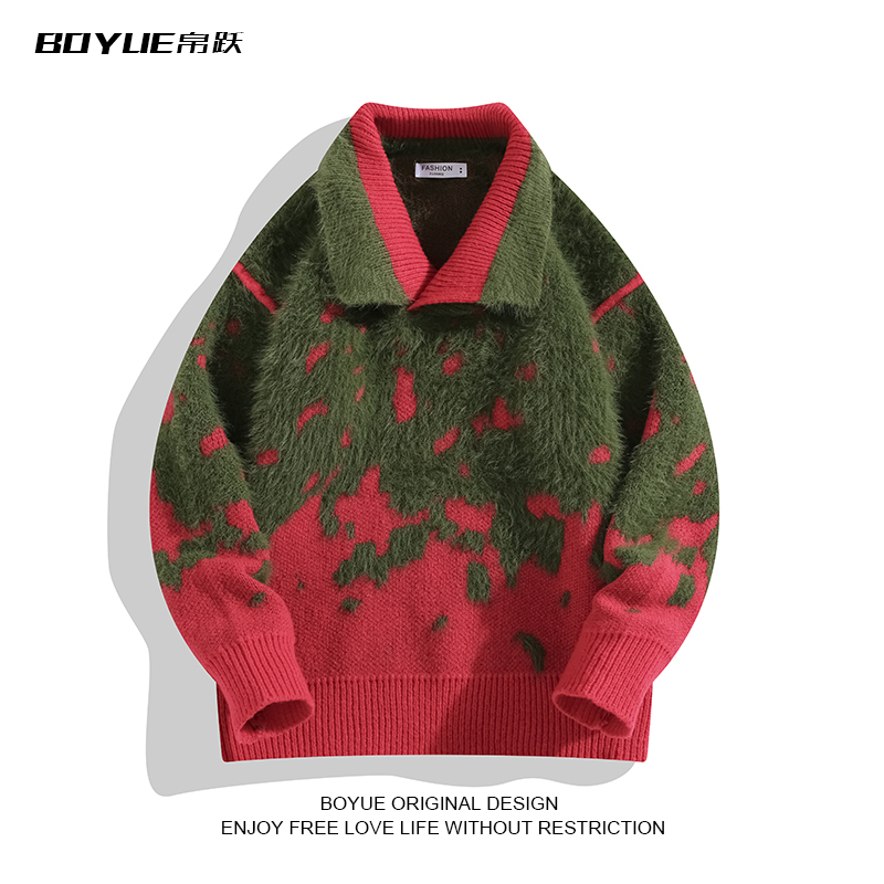 BOYUE帛跃圣诞新年翻领貂毛毛衣