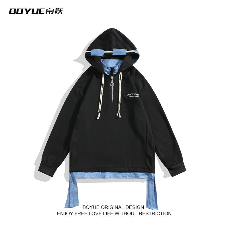 BOYUE帛跃拼接假两件卫衣连帽