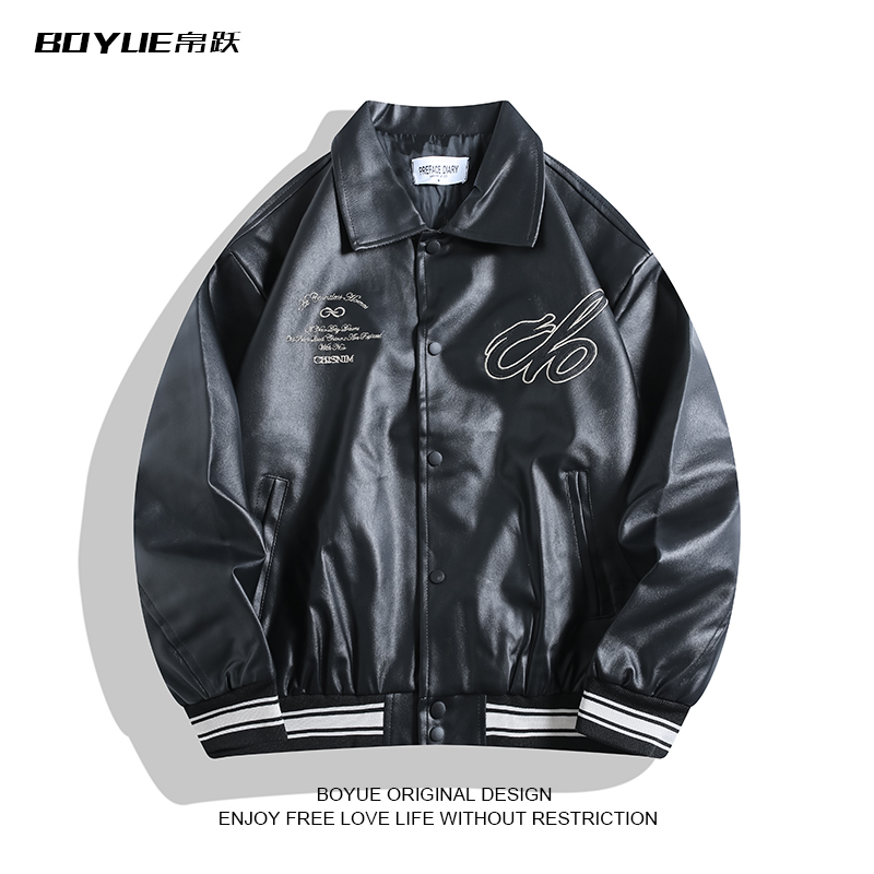 BOYUE帛跃欧美街头pu皮夹克外套潮牌复古长袖机车飞行员棒球服男