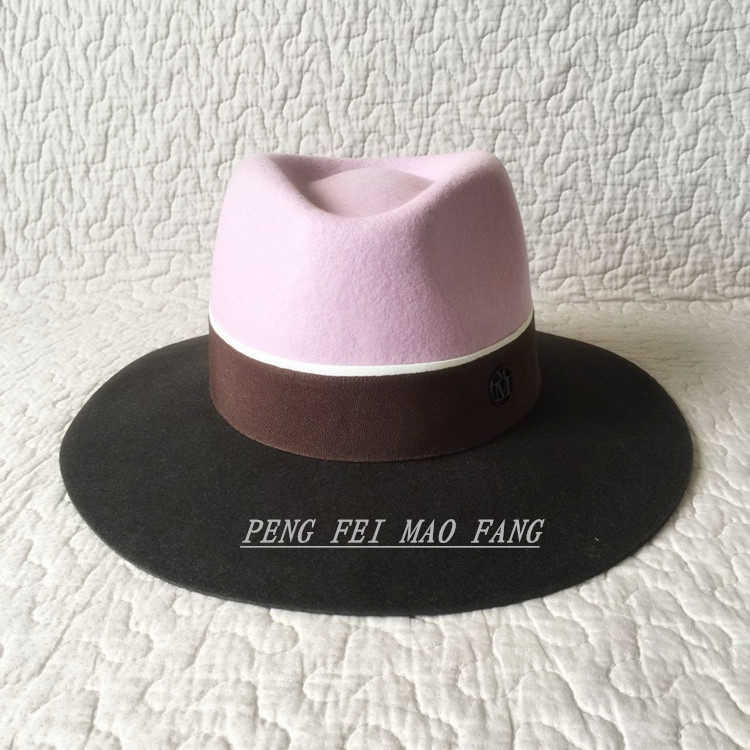 高端定制春秋冬款女士纯羊毛礼帽法式双M标潮帽深浅拼接时尚女帽