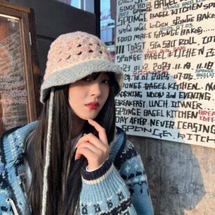 低饱和海盐配色~韩国高允真同款保暖羊毛渔夫帽镂空针织短檐盆帽