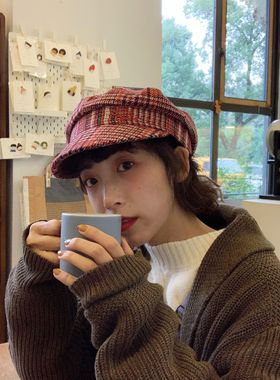 店主si服帽子~气质有品位的红色系格纹小香风格定型平顶海军风帽