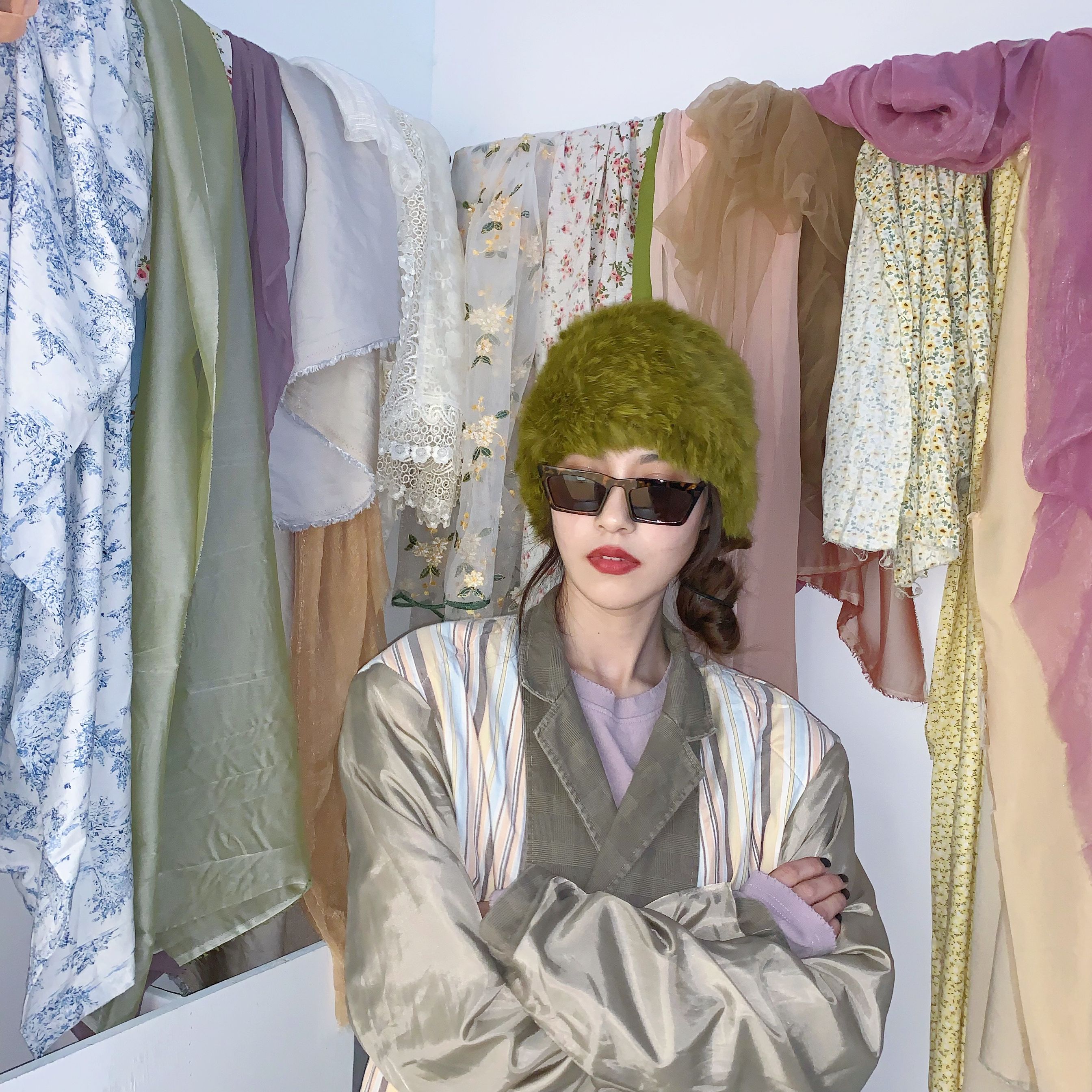 姚叔叔/一大只青芥辣!复古vintage古着感芥末绿色真兔毛皮草帽