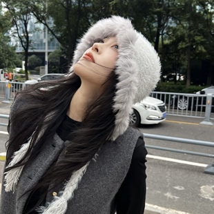清冷感的神!仙气飘飘兔毛流苏仿貂绒兜兜帽冬季保暖护耳针织帽子