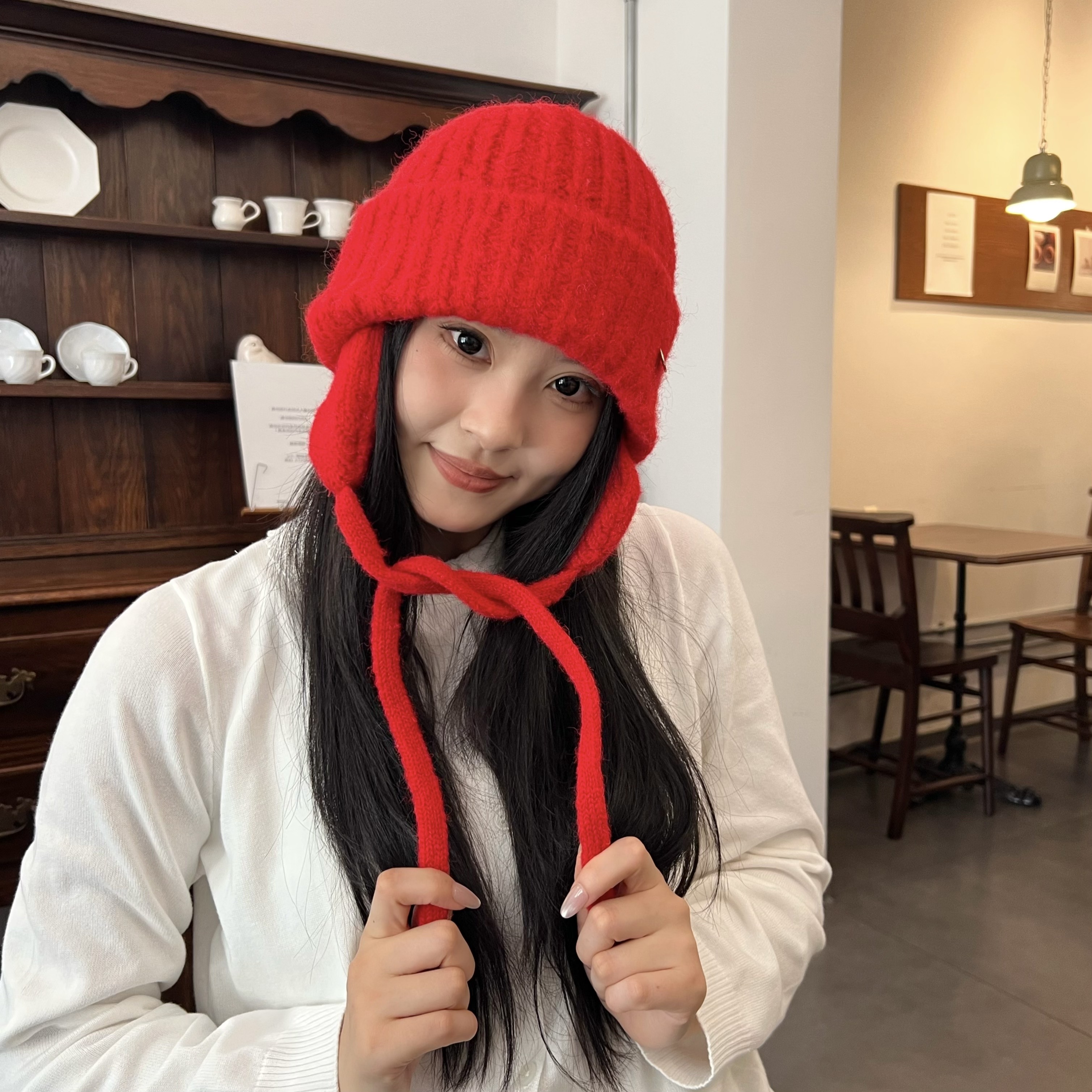 自带日剧氛围~冬季保暖柔软宽松显脸小护耳针织包头帽新年红帽子