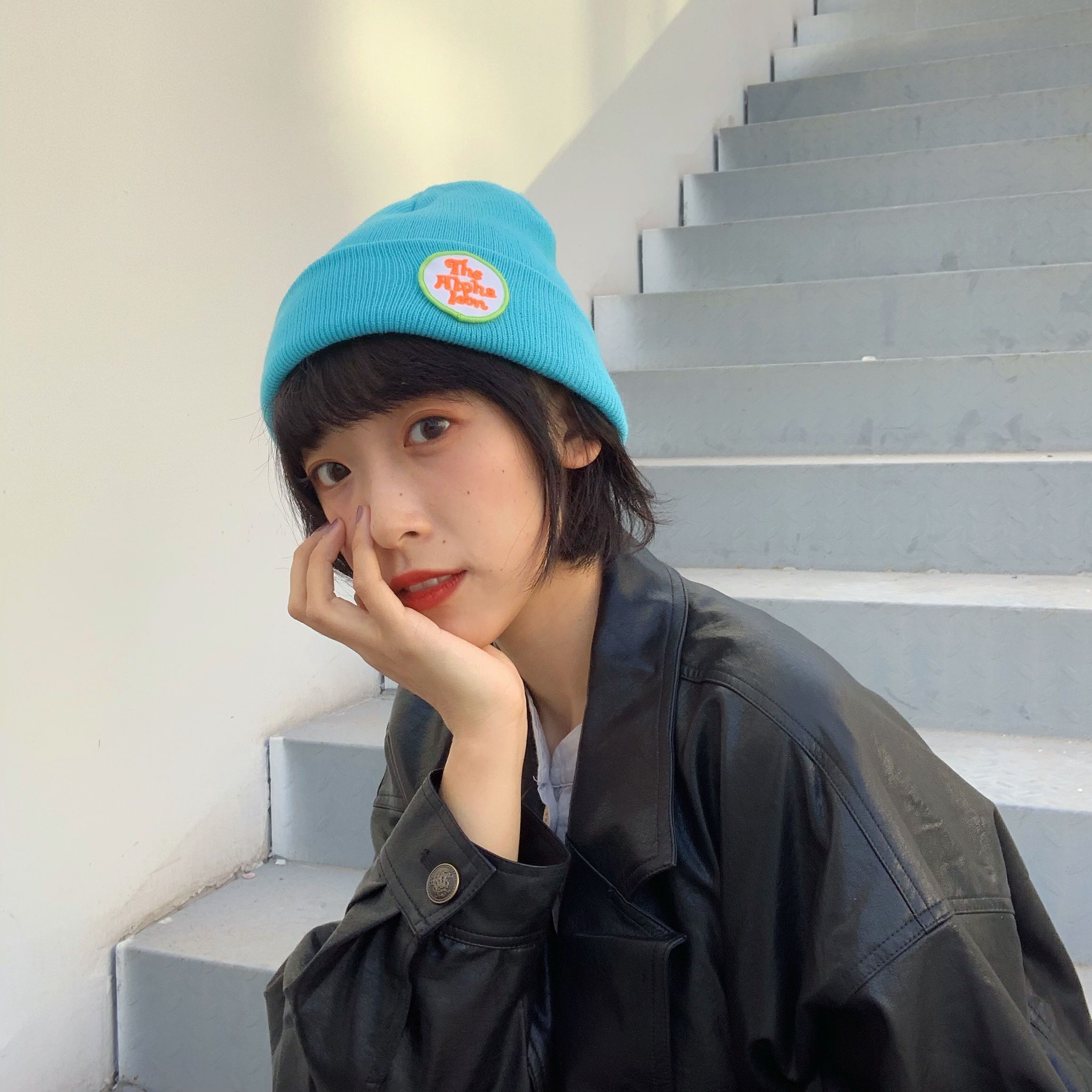 灰常显白！学院风字母标针织毛线帽女秋冬韩版情侣保暖瓜皮冷帽子