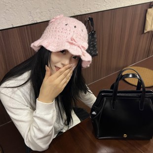 少女凯西～秋冬甜美百搭手钩花朵蝴蝶结羊毛盆帽荷叶边毛线渔夫帽