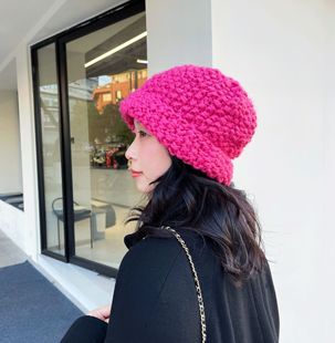 UncleYao姚叔叔/超正玫红！头包脸棒针卷边宽松毛线帽针织帽子冬