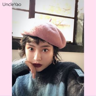 姚叔叔/莫兰迪色系纯羊毛可调节立体贝雷帽灰粉色画家帽子女秋冬