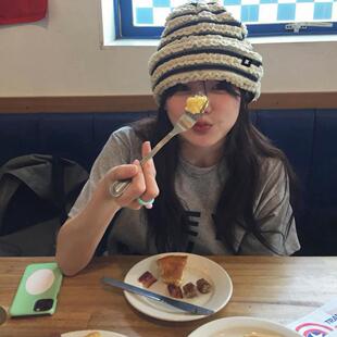 汉南洞时髦精～韩国ins博主同款蛋糕花边条纹堆堆帽宽松针织冷帽