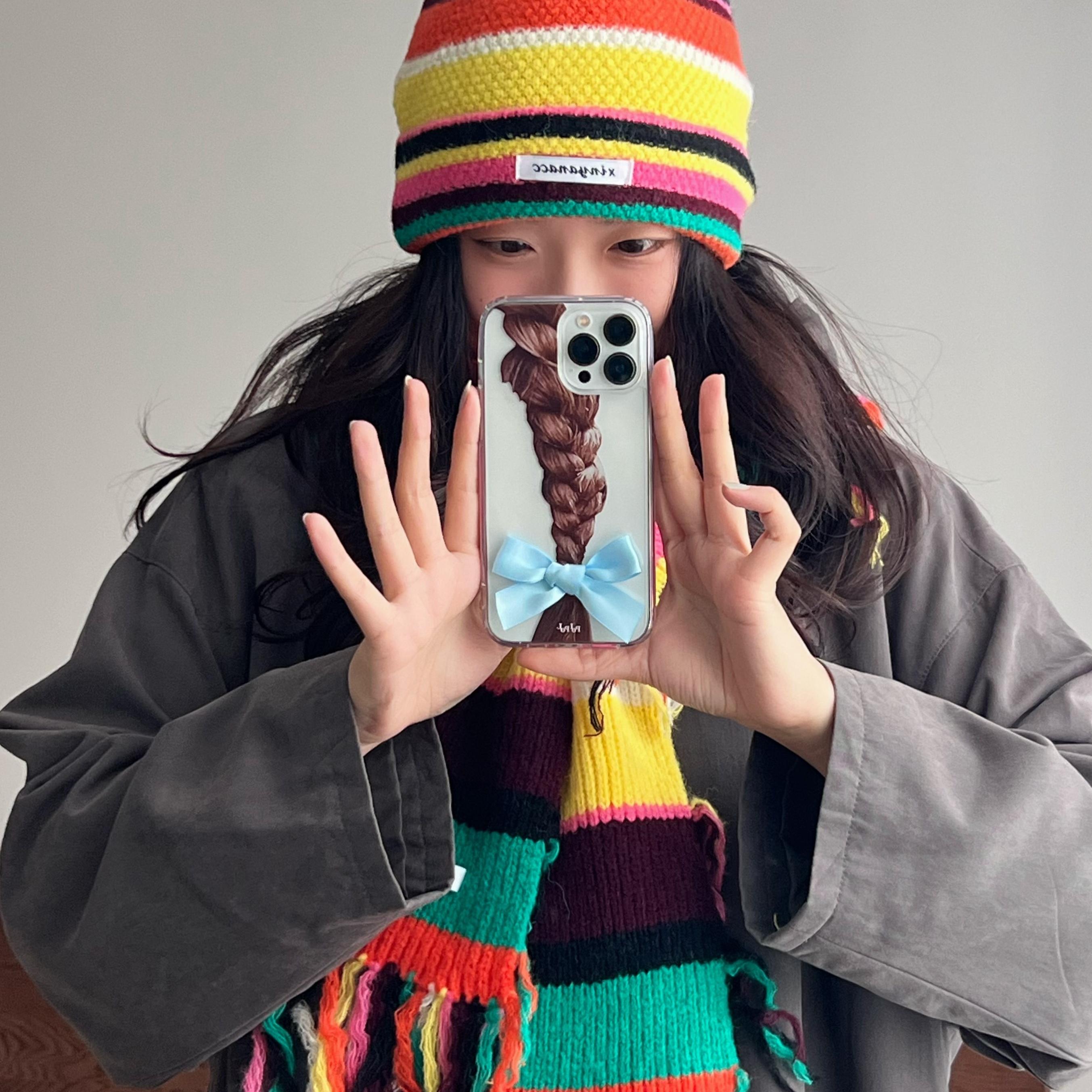 韩国彩色条纹针织帽子围巾两件套