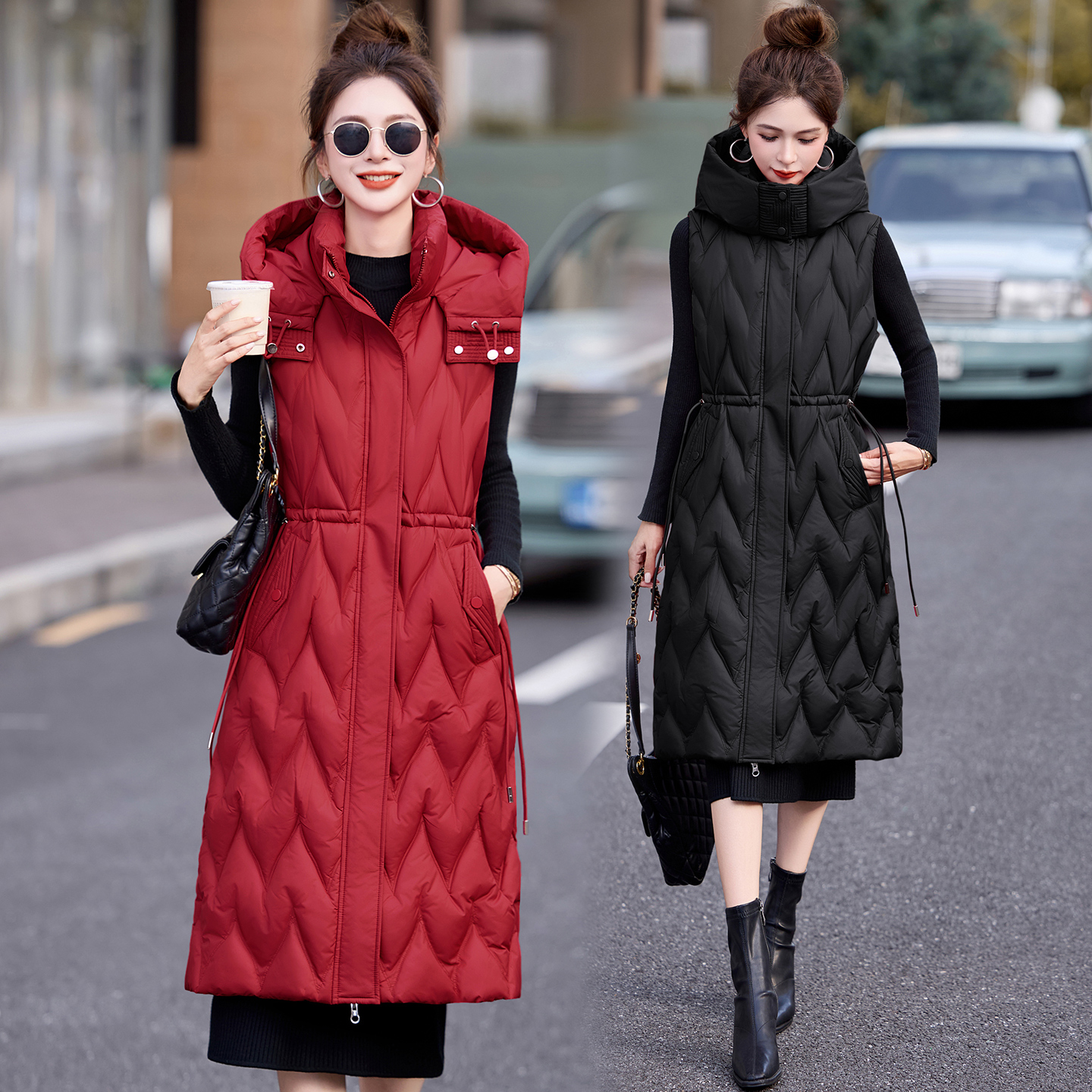 蓝思梦拉链修身长款连帽坎肩外套