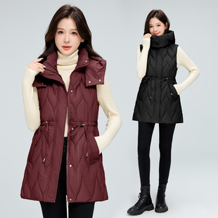 秋冬羽绒棉马夹女休闲中长款可拆帽腰带棉背心显瘦棉坎肩马甲外套
