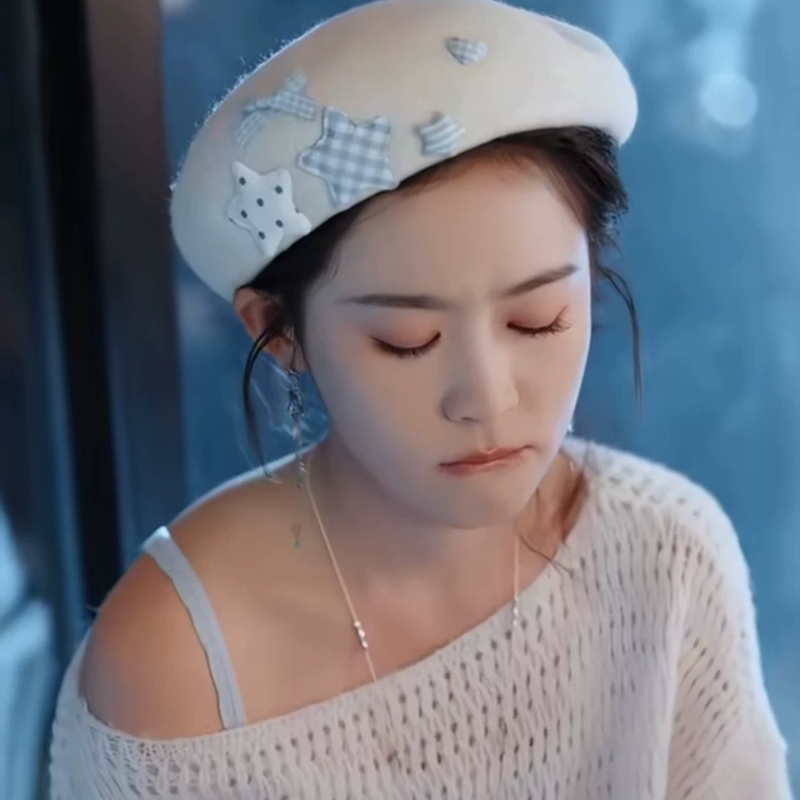 秋冬夏之星同款新款亲子贝雷帽蓝纽扣羊毛画家帽女宝毛呢大学生