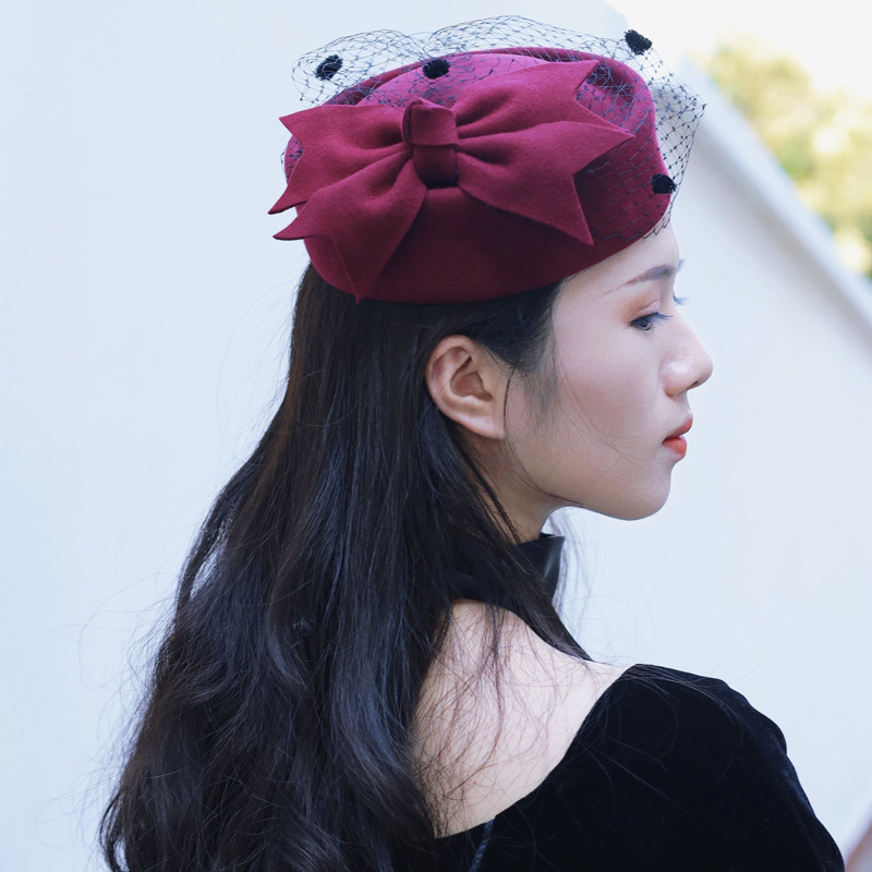 冬季女士纱网贝雷帽文艺画家帽女羊毛呢帽复古休闲百搭帽子贝雷帽