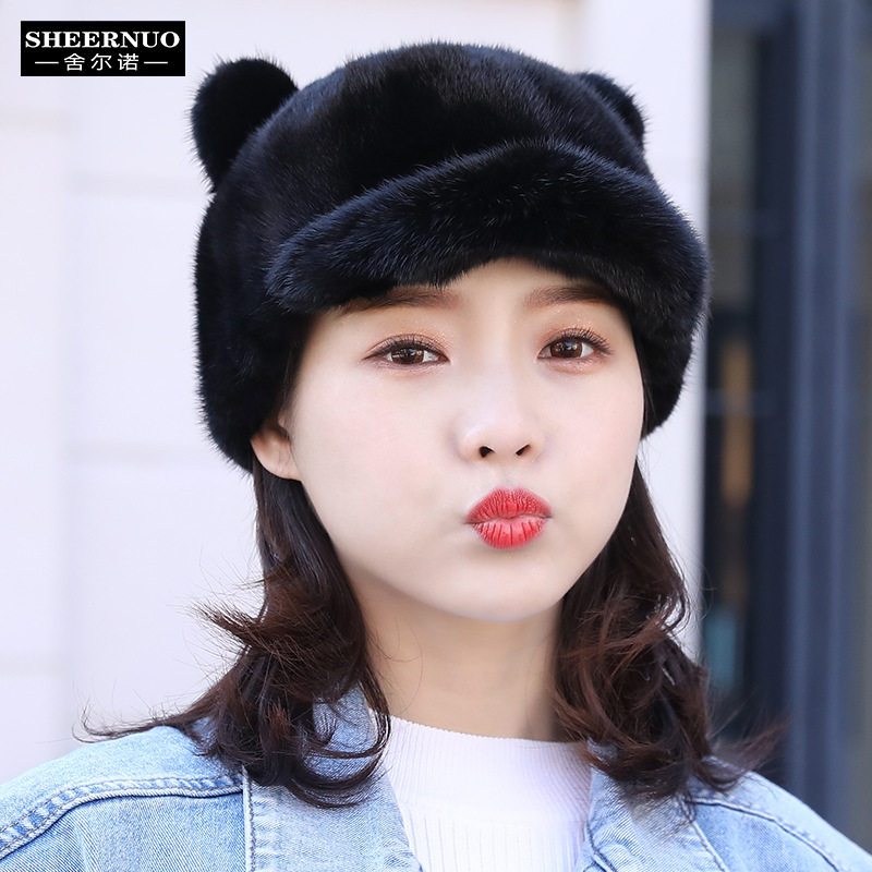 水貂毛帽子女冬季时尚貂帽女冬天韩版潮百搭绒女式貂皮帽子冬减龄