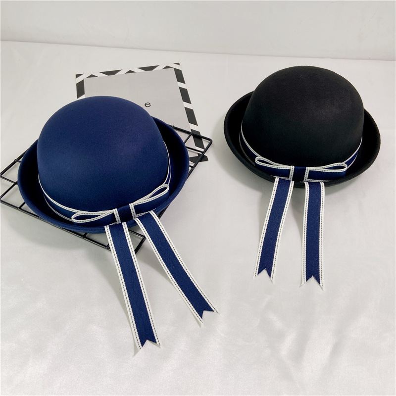 日本校供感jkdk制服帽情侣毛呢学院风绀色蝴蝶结飘带幼稚园帽子