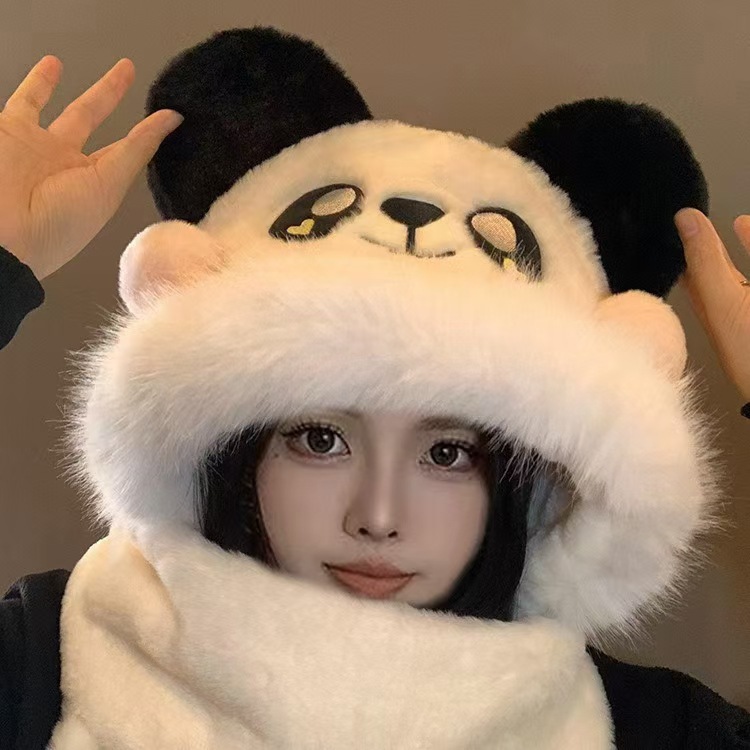 熊猫毛绒帽子围巾一体女冬季韩版骑车可爱加厚保暖围脖手套三件套