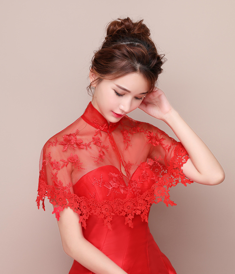 新娘夏季薄款立领披肩 婚纱礼服旗袍蕾丝小斗篷 高领流苏结婚外搭