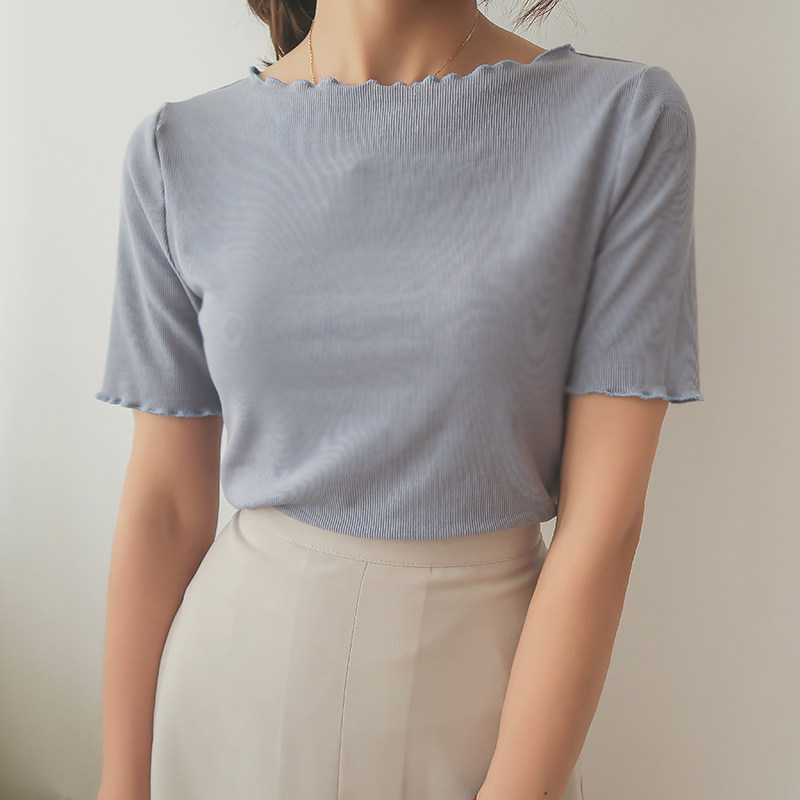 上衣短袖女2021夏装新款韩范木耳边针织衫纯色t恤修身薄打底衫潮