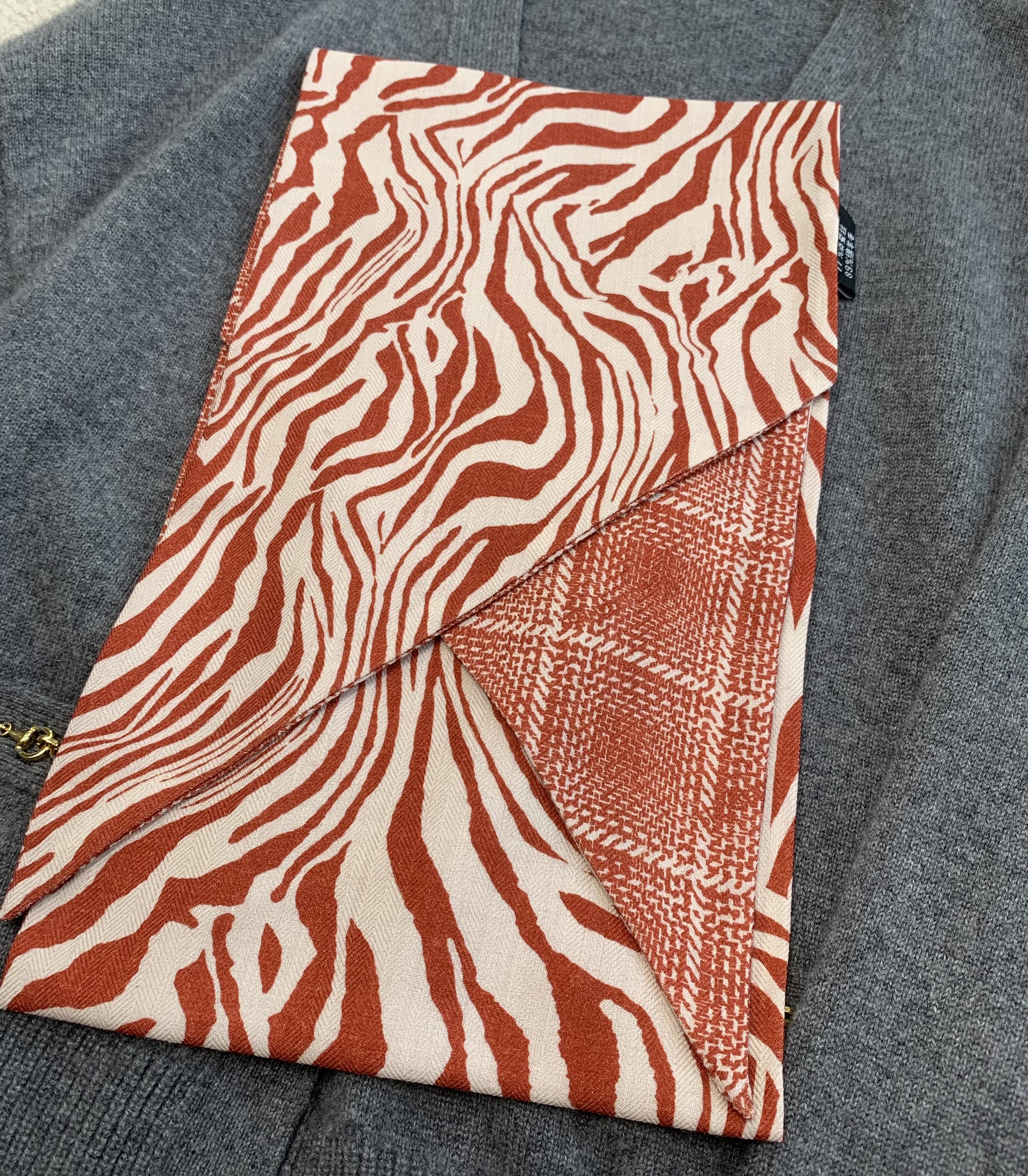 极简斑马橘红 双面双层异色！桑蚕丝绵羊毛围巾丝巾女145*20cm