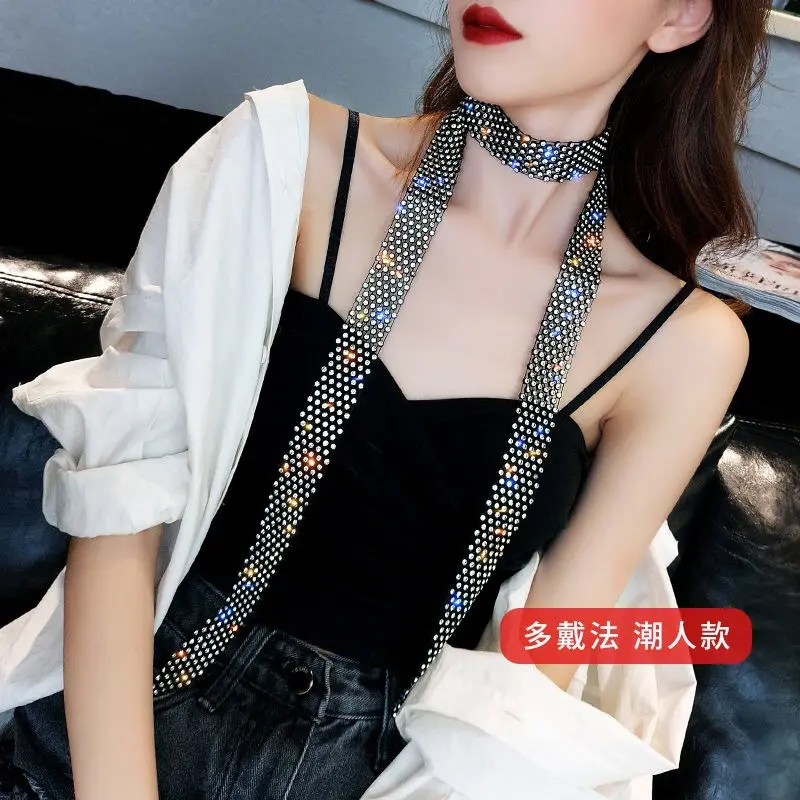 脖子舞带钻水晶女项链亮钻镶钻时尚装饰领带水钻水兵闪钻长款衣链