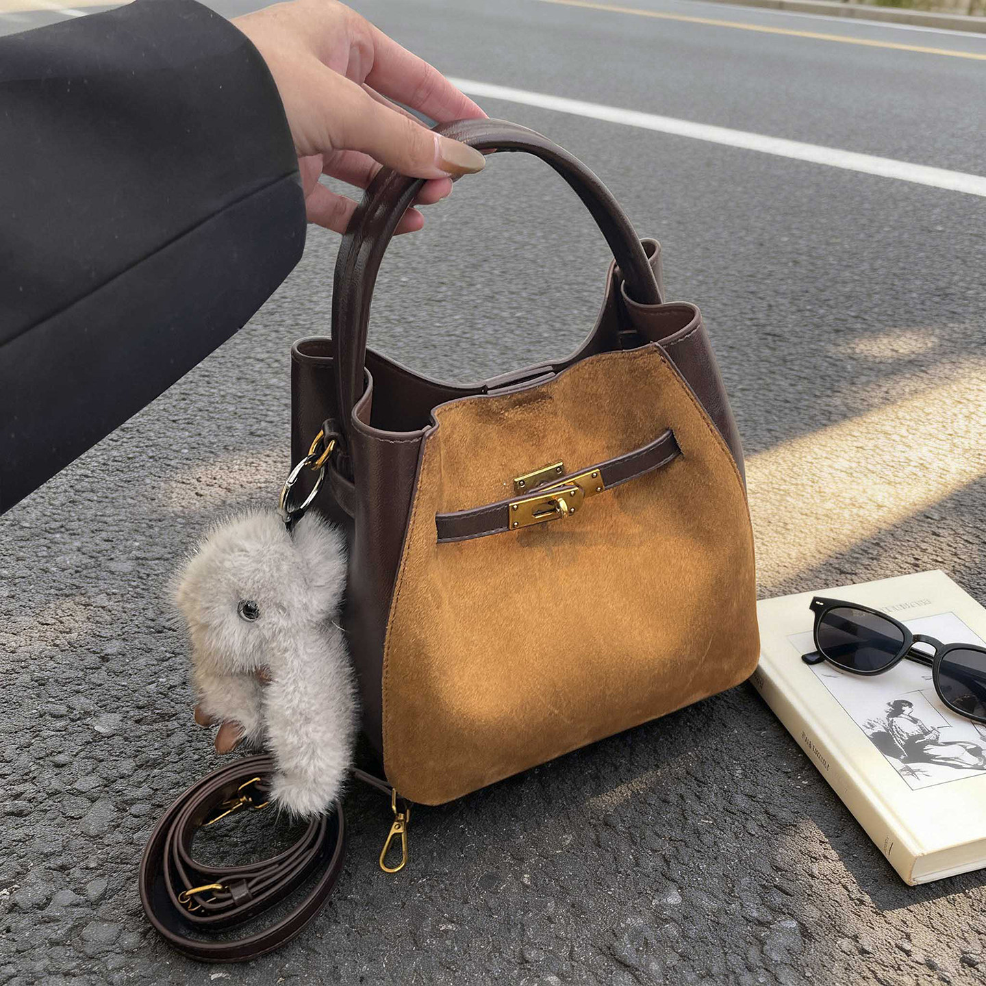 2026新款水桶包复古麂皮凯莉包女包手提斜挎包高级感大容量托特包,箱包皮具/热销女包/男包,水桶包,淘宝优惠券,粉丝福利购,淘宝优惠卷