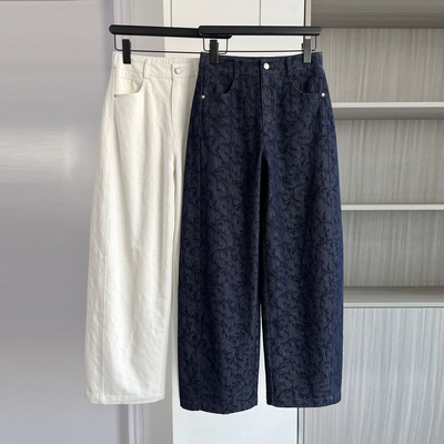 法式小众高腰阔腿裤女绣花长裤