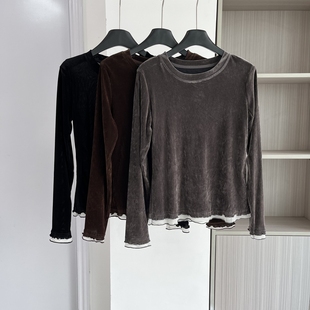 显瘦打底衫 修身 T恤女2025早秋新款 高级感丝绒假两件拼接撞色长袖