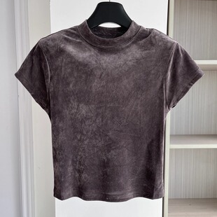 显瘦短袖 高级感丝绒半高领T恤女26春季 新款 百搭修身 打底上衣 短款