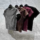 新款 百搭短款 修身 高级感丝绒2025秋季 T恤特别漂亮 掐腰上衣女